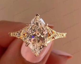 2.5CT Marquise Cut Moissanite Engagement Ring 14K Yellow Gold Vintage Filigree Solitaire Bridal Ring Wedding Ring Gift for Her Promise Ring