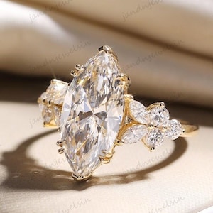 3CT Marquise Cut Moissanite Engagement Ring 14K Gold Flower Cluster Ring Vintage Art Deco Bridal Wedding Ring For Her Marquise Ring