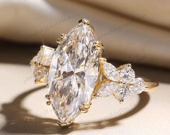 3CT Marquise Cut Moissanite Engagement Ring 14K Gold Flower Cluster Ring Vintage Art Deco Bridal Wedding Ring For Her Marquise Ring