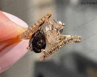 2CT Pear Lab Grown Diamond Ring Salt and Pepper Black Diamond Ring 14K Gold Bypass Engagement Ring Toi et Moi Ring Unique Two Stone Ring