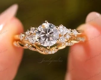 1.60CT Round Moissanite Engagement Ring Set 14K Gold Branch Band Vintage Floral Diamond Wedding Ring Set Nature Inspired Bridal Ring Set