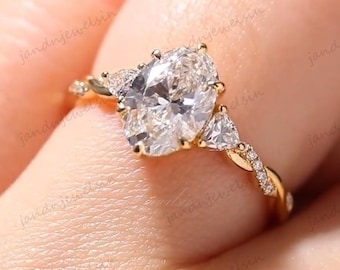 Oval Cut Moissanite Engagement Ring 14K Gold Trio Stone Ring Pear Side Stones Unique Wedding Ring For Her Vintage Style Anniversary Gift