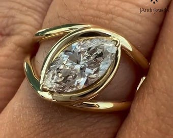2CT Marquise Moissanite Bezel Ring Split Shank Engagement Ring 14K Solid Gold Minimalist Ring Unique Promise Ring Wedding Ring For Her