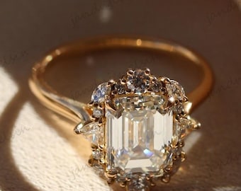 3.55CT Emerald Cut Moissanite Diamond Engagement Ring 14K Solid Gold Vintage Emerald Cut Ring Moissanite Wedding Ring Hidden Halo Gift Ring
