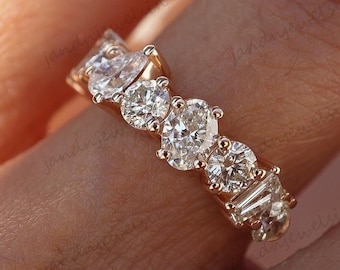 Pear Round Oval Trapezoid Moissanite Diamond Band 14K Solid Gold Multi Stone Eternity Band Unique Wedding Anniversary Ring Gift for Her
