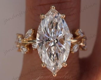 4CT Marquise Cut Moissanite Engagement Ring Vine Leaf Band 14K Gold Nature Inspired Ring Unique Floral Statement Ring Bridal Ring For Women