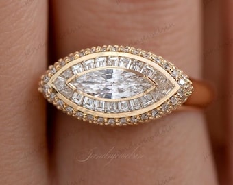 Marquise Cut Moissanite Ring Baguette Halo Cluster Ring Vintage Style Engagement Ring 14K Solid Gold Statement Ring Unique Promise Ring