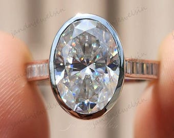Bezel Set Oval Cut Moissanite Engagement Ring 14K White Gold Channel Set Wedding Ring Unique Anniversary Ring Gift for Her