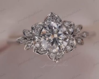 Round Moissanite Floral Engagement Ring Petal Halo with Leaf Band Unique Vintage Wedding Ring Nature Inspired Promise Ring for Women