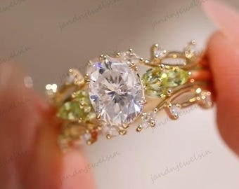 Oval Nature Inspired 14K Solid Gold Ring Oval Cut Moissanite Engagement Ring Set Unique Wedding Ring For Women Bridal Set Ring Proposal Ring