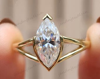 2CT Marquise Cut Moissanite Engagement Ring Marquise Cut Half Bezel Split Shank Ring 14k Gold Wedding Ring Solitaire Ring Anniversary Ring