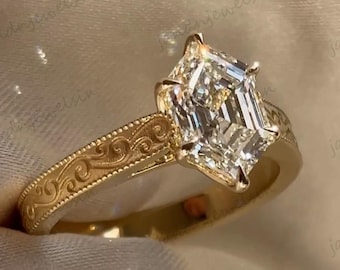 Vintage Hexagon Cut Moissanite Engagement Ring 14K Gold Art Deco Milgrain Diamond Ring Unique Wedding Ring Promise Ring for Her