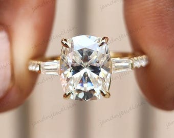 3 Stone Cushion Cut Moissanite Ring 14k Gold Baguette Engagement Ring For Her Wedding Ring Anniversary Ring Three Stone Ring  Proposal Ring