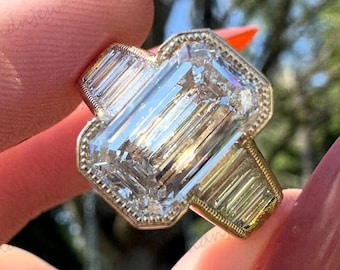 Art Deco Emerald Cut Moissanite Engagement Ring Vintage Baguette Accents 14K Solid Gold Statement Ring Unique Geometric Bridal Ring