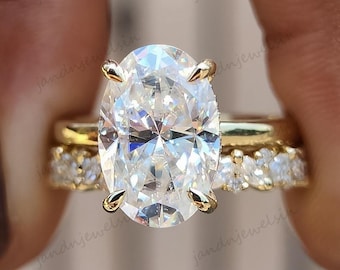 3CT Oval Moissanite Engagement Ring Set Oval Cut Solitaire 14K Gold Bridal Ring Set with Half Eternity Marquise Band