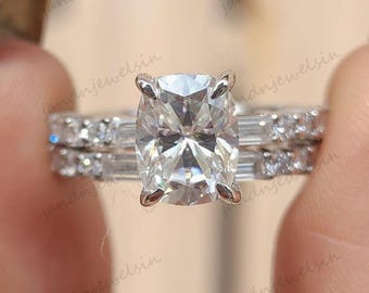 3CT Elongated Cushion Cut Engagement Ring Set Moissanite Diamond Bridal Ring Set Matching Wedding Band Promise Ring Anniversary Gift For Her