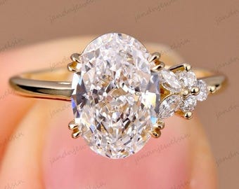3CT Oval Moissanite Engagement Ring Floral Side Stones 14K Yellow Gold Solitaire Ring Unique Anniversary Ring Promise Ring for Her