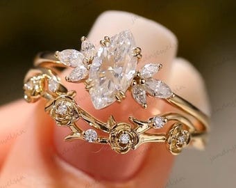 2CT Marquise Cut Moissanite Ring Set Floral Leaf Engagement Ring 14K Gold Nature Inspired Wedding Ring for Women Unique Vintage Bridal Ring