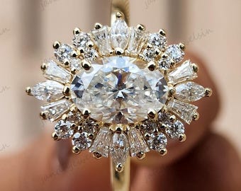 Starburst Oval Cut Moissanite Engagement Ring Art Deco Ring Oval Cut Vintage Ring 14k Gold Ring Wedding Ring Diamond Ring Anniversary Ring