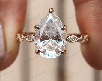 3CT Pear Cut Moissanite Engagement Ring Tulip Set Diamond Migraine Ring 14K Solid Yellow Gold Wedding Ring Anniversary Gift For Her