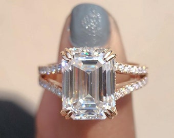 5CT Emerald Cut Moissanite Engagement Ring Moissanite Ring Split Shank Solitaire Ring 14k Yellow Gold Vintage Art Deco Wedding Ring