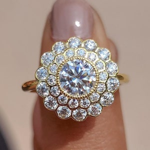 Floral Moissanite Cluster Ring Vintage Flower Halo Engagement Ring 14k Yellow Gold Round Cut Ring Art Deco Statement Cocktail Ring