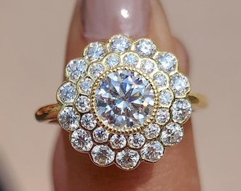 Floral Moissanite Cluster Ring Vintage Flower Halo Engagement Ring 14k Yellow Gold Round Cut Ring Art Deco Statement Cocktail Ring