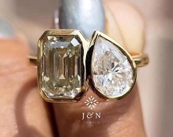 14K Solid Gold Toi Et Moi Engagement Ring Bezel Set Pear And Emerald Cut Moissanite Ring Cocktail Ring Colored Diamond Ring Birth Stone Ring