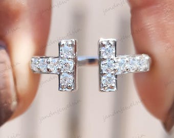 Open Shank T-Shaped Moissanite Diamond Band 14K Solid Gold Pave Ring Unique Modern Stacking Band Dainty Diamond Ring Minimalist Jewelry Gift