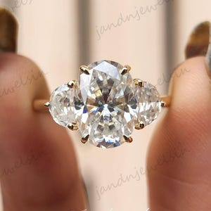 Three Stone Oval Moissanite Engagement Ring Side Stone Half Moon Ring 14K Solid Gold Ring 3 Stone Wedding Ring Anniversary Gift Promise Ring