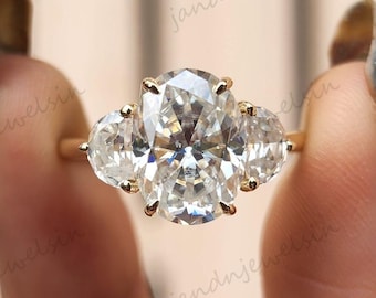 Three Stone Oval Moissanite Engagement Ring Side Stone Half Moon Ring 14K Solid Gold Ring 3 Stone Wedding Ring Anniversary Gift Promise Ring