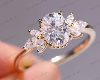 2CT Oval Cut Moissanite Engagement Ring 14K Gold Marquise Leaf Side Stones Vintage Floral Cluster Bridal Ring Anniversary Gift for Her