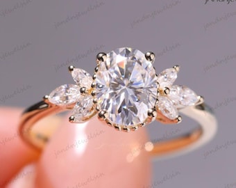 2.5CT Oval Moissanite Engagement Ring Marquise Cluster Ring 14k Solid Gold Ring Diamond Vintage Inspired Anniversary Promise Ring for Her