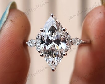 Marquise Diamond Engagement Ring Genuine Lab Grown Diamond Anniversary Ring Unique Proposal Ring for Her Six Claw Prong Setting Ring Gift