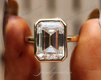 5CT Emerald Cut Moissanite Bezel Set Solitaire Ring Emerald Cut Solitaire Rings Bezel Set Wedding Ring Solitaire Engagement Rings for Women
