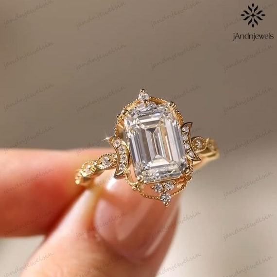 2.5CT Emerald Cut Moissanite Engagement Ring 14K Gold Vintage Art Deco Filigree Ring Unique Antique Bridal Wedding Ring Anniversary Ring