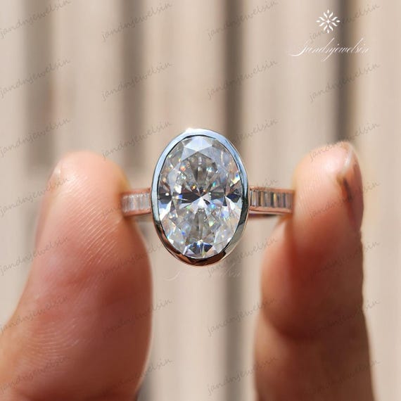 Bezel Set Oval Cut Moissanite Engagement Ring 14K White Gold Channel Set Wedding Ring Unique Anniversary Ring Gift for Her