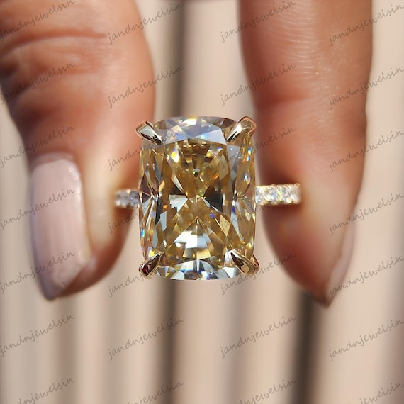 6CT Yellow Elongated Cushion Cut Moissanite Diamond Ring Cushion Cut Engagement Ring 14K Solid Yellow Gold Solitaire Ring Anniversary Gifts