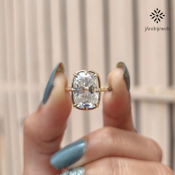 Old Mine Cushion Cut Moissanite Engagement Ring 5CT Elongated Solitaire Prong Set 14K Gold Vintage Antique Wedding Ring Anniversary Gift