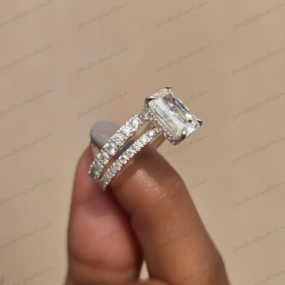 3CT Radiant Cut Moissanite Wedding Bridal Set, 14K Solid Gold, With Round Eternity Band, Engagement Ring Set Promise Ring Unique Radiant