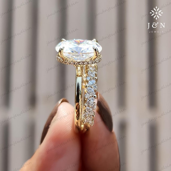 3CT Oval Cut Moissanite Diamond Bridal Ring Set 14K Yellow Gold Hidden Halo Solitaire Engagement Wedding Anniversary Ring for Her