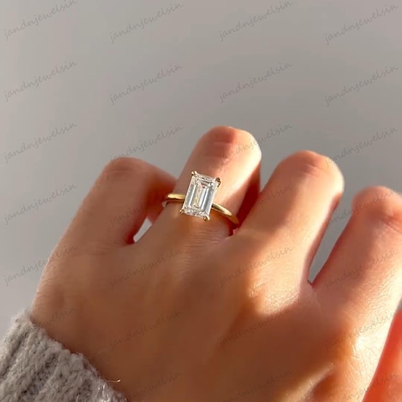 2CT Emerald Cut Moissanite Engagement Ring in 14k Solid Gold Solitaire Diamond Promise Ring