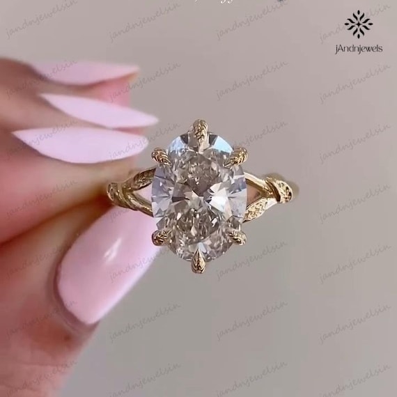 Vintage Oval Moissanite Engagement Ring 6 Prong Solitaire 14K Solid Gold Engraved Band Unique Wedding Ring Anniversary Gift for Her