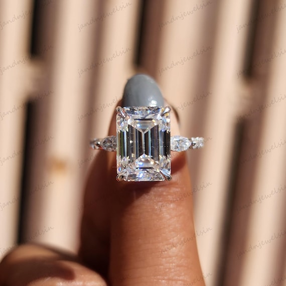 Three Stone Emerald Cut Moissanite Engagement Ring 14k Gold Ring Wedding Ring Anniversary Rings For Her Emerald Distance Pave Ring
