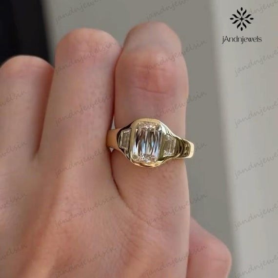 3.5CT Criss Cut Cushion Moissanite Engagement Ring Three Stone Ring Flush setting ring Bezel Set 14K Gold Ring Baguette Side Stones Ring