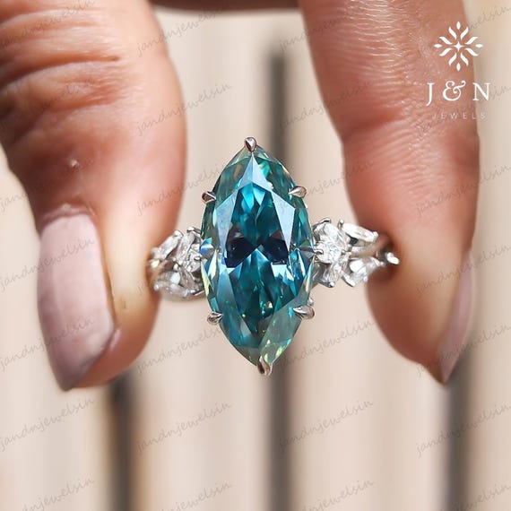 Cyan Blue Floral Marquise Cut Moissanite Engagement Ring Vintage 14K Gold Moissanite Diamond Wedding Ring Nature Inspire Ring For Women