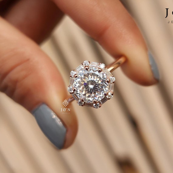 Unique Style Engagement Ring 3CT Portuguese Cut Moissanite Ring Baguette and Round Halo Ring Wedding Ring Anniversary Gift For Her