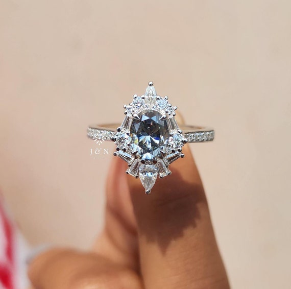 2CT Gray Oval Cut Moissanite Halo Engagement Ring 14K Gold Unique Cluster Ring Art Deco Vintage Wedding Ring for Women Anniversary Gift