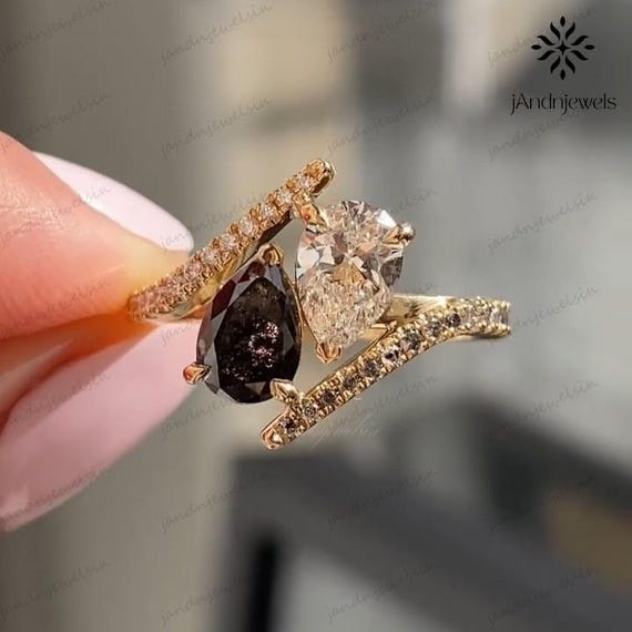 2CT Pear Lab Grown Diamond Ring Salt and Pepper Black Diamond Ring 14K Gold Bypass Engagement Ring Toi et Moi Ring Unique Two Stone Ring