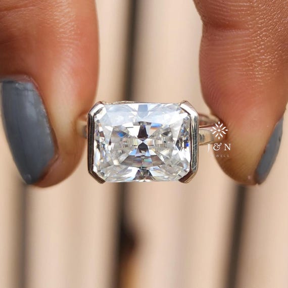 East West Radiant Cut Moissanite Engagement Ring 14K Solid Gold Diamond Wedding Ring Horizontal Half Bezel Set Wedding Ring Anniversary Gift